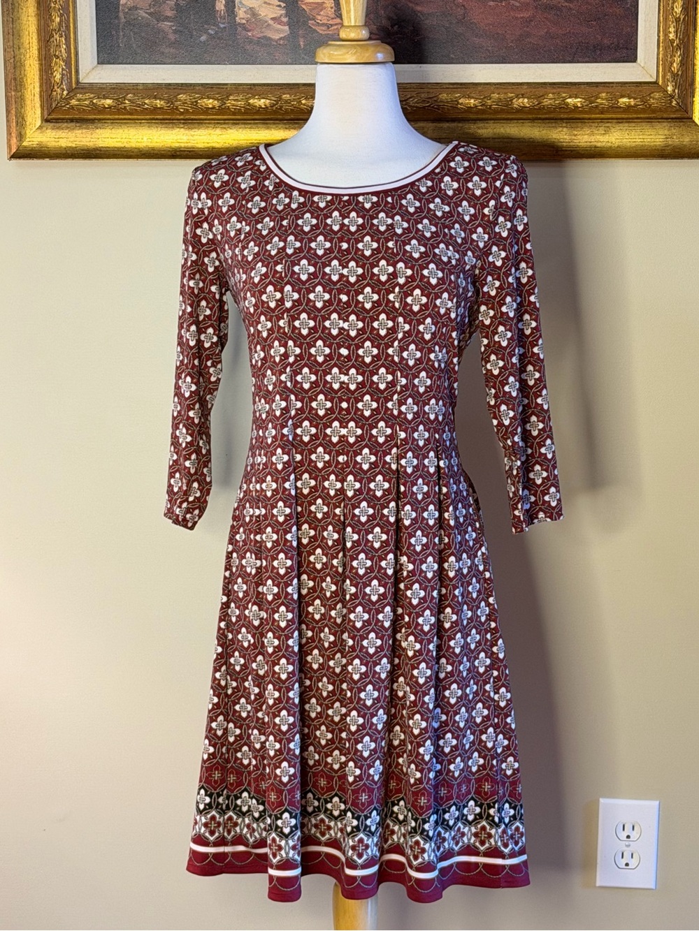 Max Studio | Size Small Burgundy and Cream Patterned Fit-and-Flare Dress